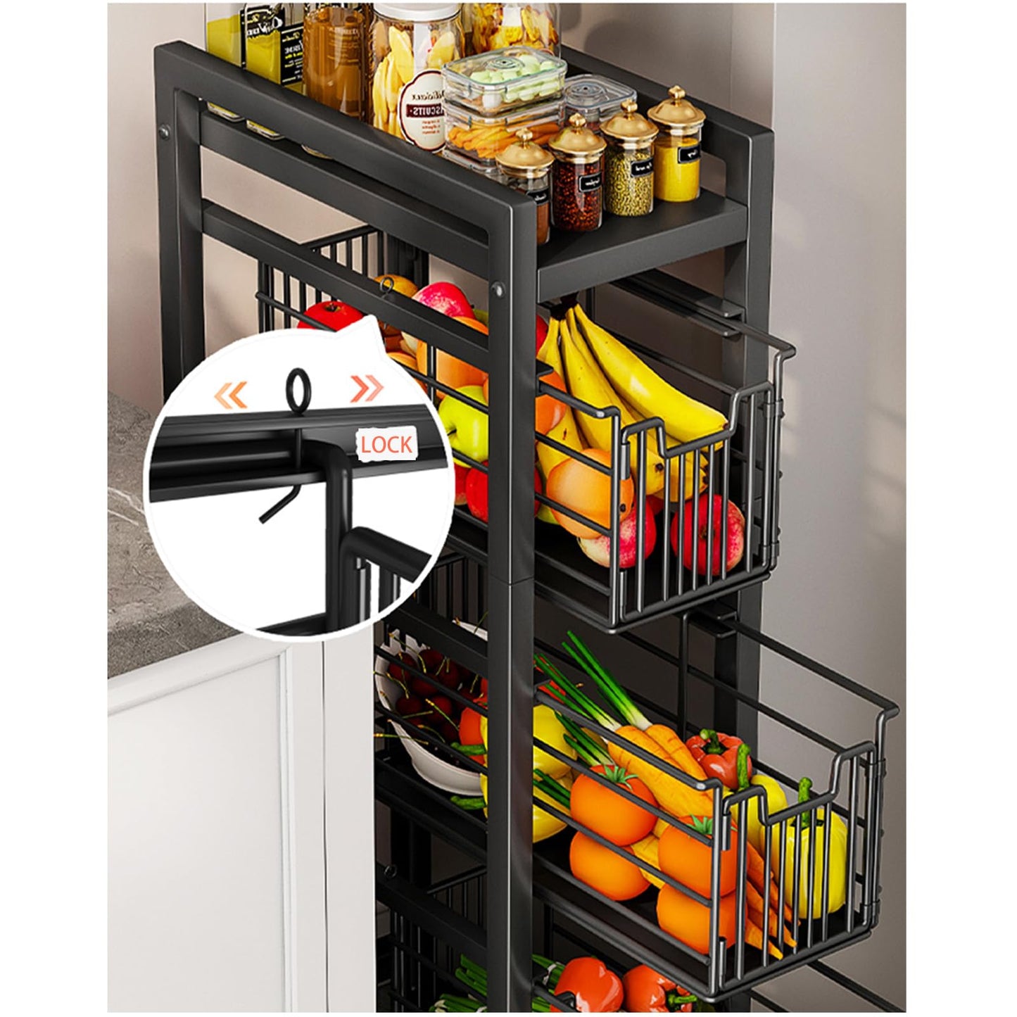 5-Tier Pull-Out Storage Organizer Rolling Utility Cart - Universal Metal Craft Shelf Trolley for Home Kitchen Bathroom Bedroom Office Classroom