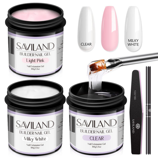 Saviland 3PC Builder Nail Gel Kit ? 3.53oz Clear & Light Pink & Milky White Hard Gel for Nails Kit with Gel Nail Brush Large Capacity Soak-off U V