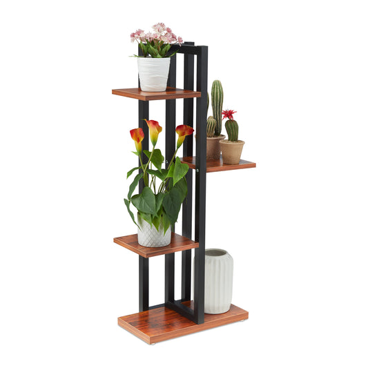Relaxdays Metal Flower Stand, 4-Tier Indoor Pot Shelf Ladder, Wooden Look, 93 x 42.5 x 22.5 cm, Plant Rack, Dark Brown, Steel