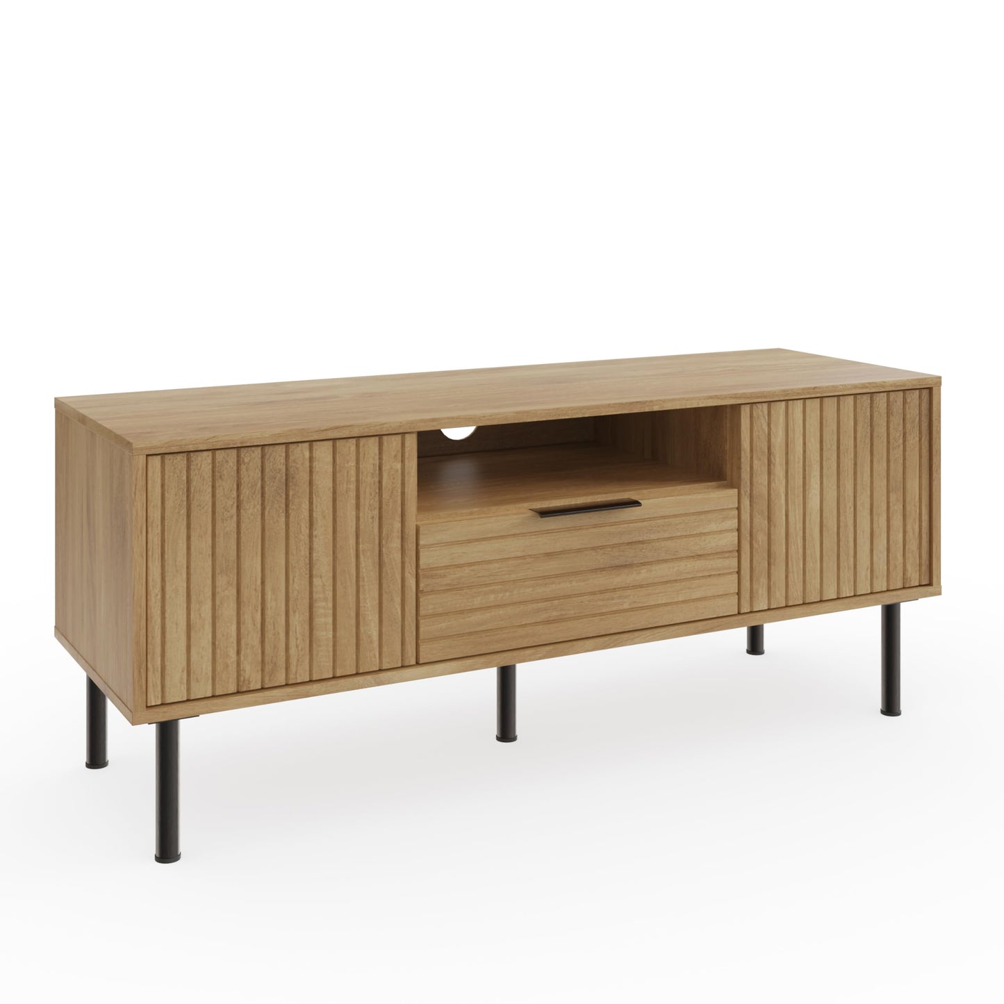 GFW Nervata TV Unit, Oak Effect Media Storage Cabinet with 1 Drawer and 2 Doors, Black and Gold Art Deco Style TV Stand for Living Room Furniture