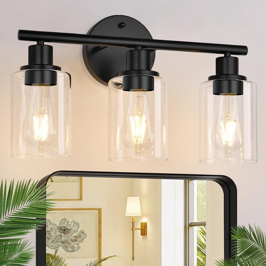 ZASTION 3-Light Bathroom Light Fixtures, Black Bathroom Wall Lights, Modern Bathroom Vanity Light with Clear Glass Shade, Bathroom Wall Lamp for