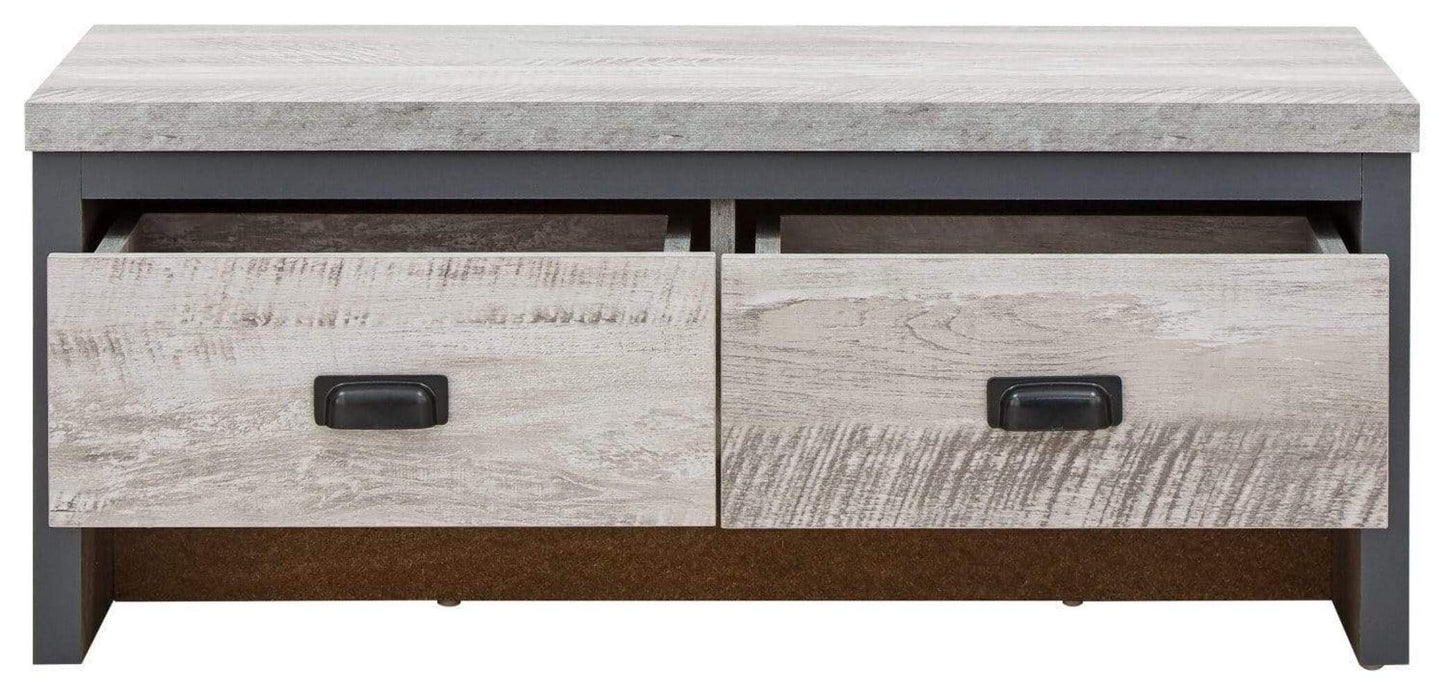 GFW Boston Grey Wood Effect Coffee Table, 2 Drawer Storage Coffee Table with Industrial Design and Chunky 30mm Top