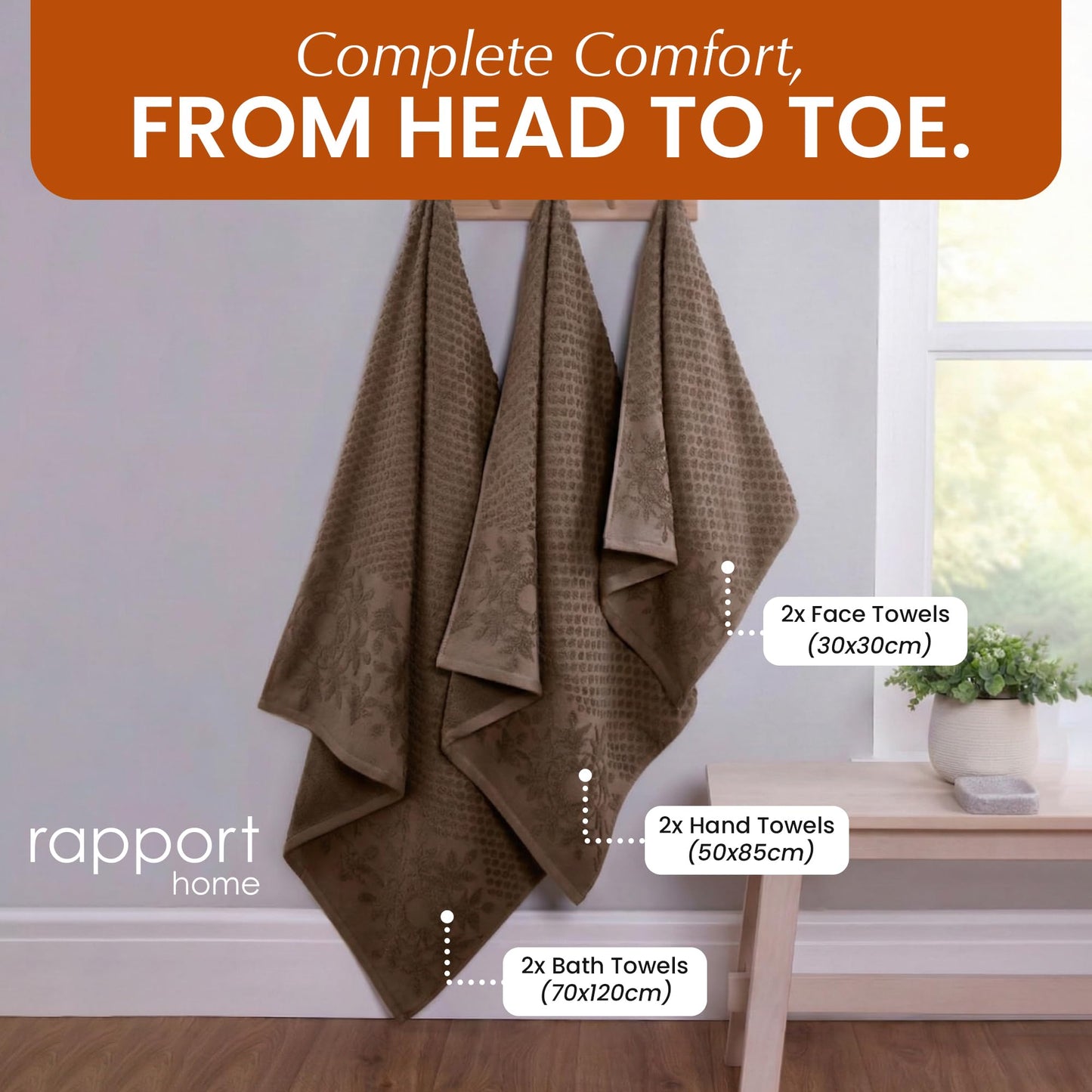 Rapport Home Versailles Jacquard 6-Piece Towel Bale | Luxurious 100% Cotton 500GSM Bathroom Set for Soft Absorbent Comfort and Elegant Style