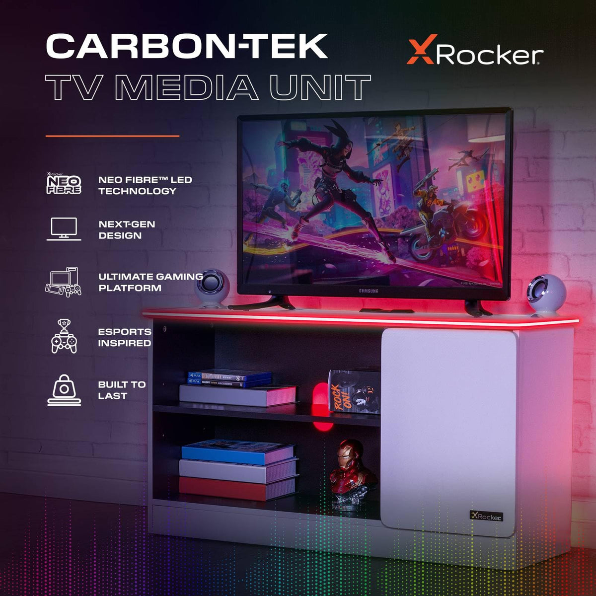 X-Rocker Carbon-Tek 100cm Width, RGB LED TV Stand Media Centre - Neo Fibre Lighting, 2 Open Shelves, 2 Shelf Storage Cupboard