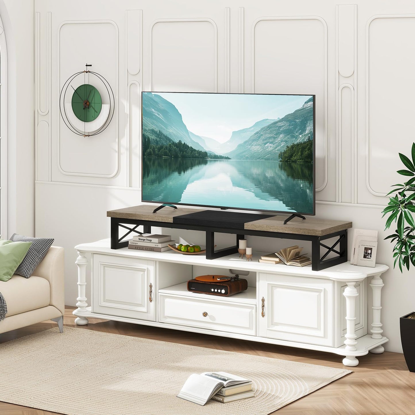 IBUYKE 45" Large TV Riser for 32-60 inch TV,Tabletop Short TV Stand with Storage and Steel Legs,Dual Screen Office Desk,Stand Riser,TV Riser Stand