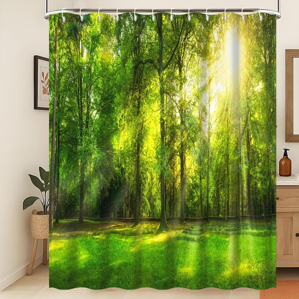 Xiaoterna Tropical Jungle Shower Curtain Green Forest Nature Landscape Sunshine Bathroom Curtain Spring Jungle Rainforest Mould Proof Washable Shower