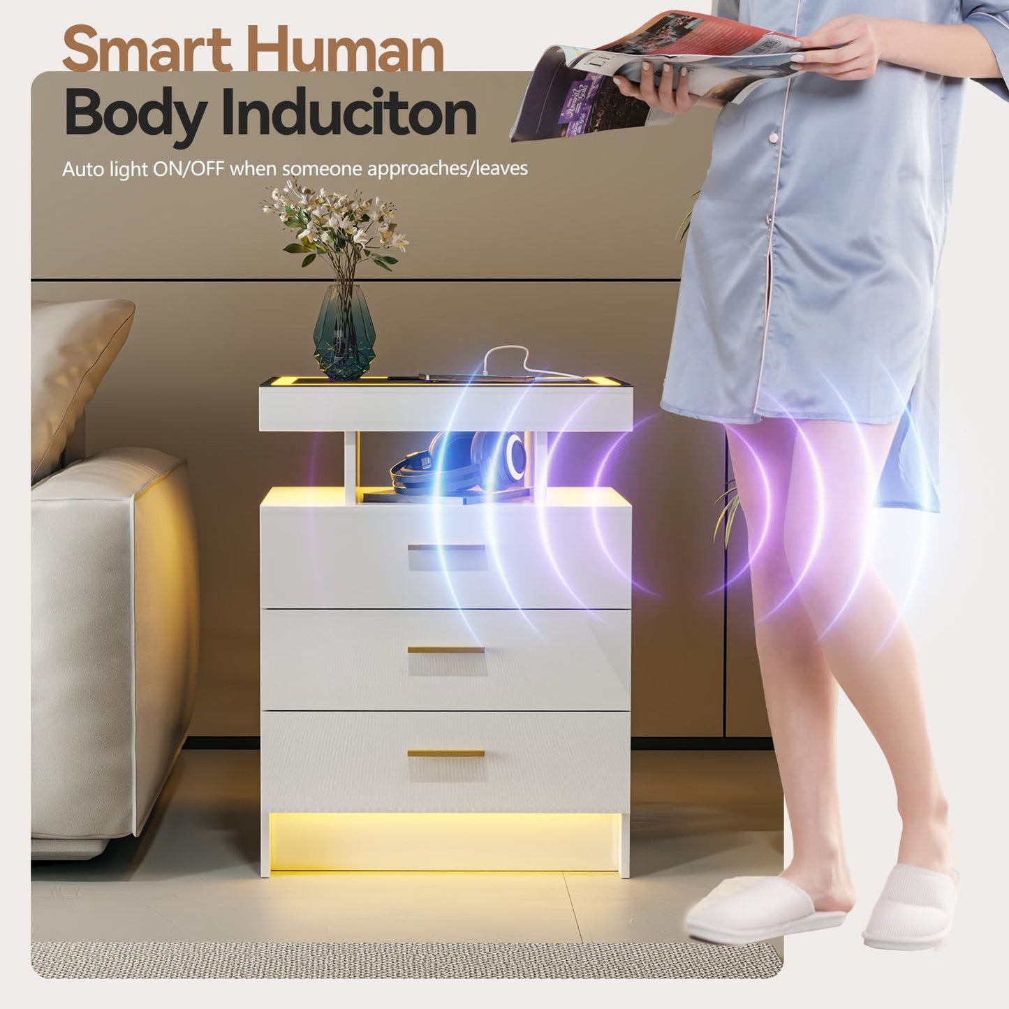 Gurexl LED Bedside Table with Glass Top and 3 IN 1 Charging Station,White