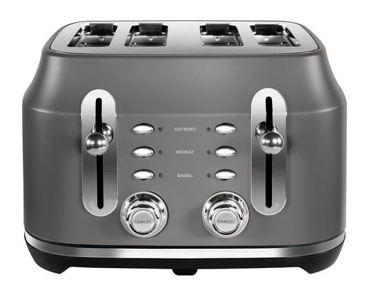 Rangemaster RMCL4S201GY Classic Grey 2.1kW 4 Slice Toaster with Defrost, Cancel & Reheat Functions, Removable Crumb Tray & 6 Power Levels with 2 Year