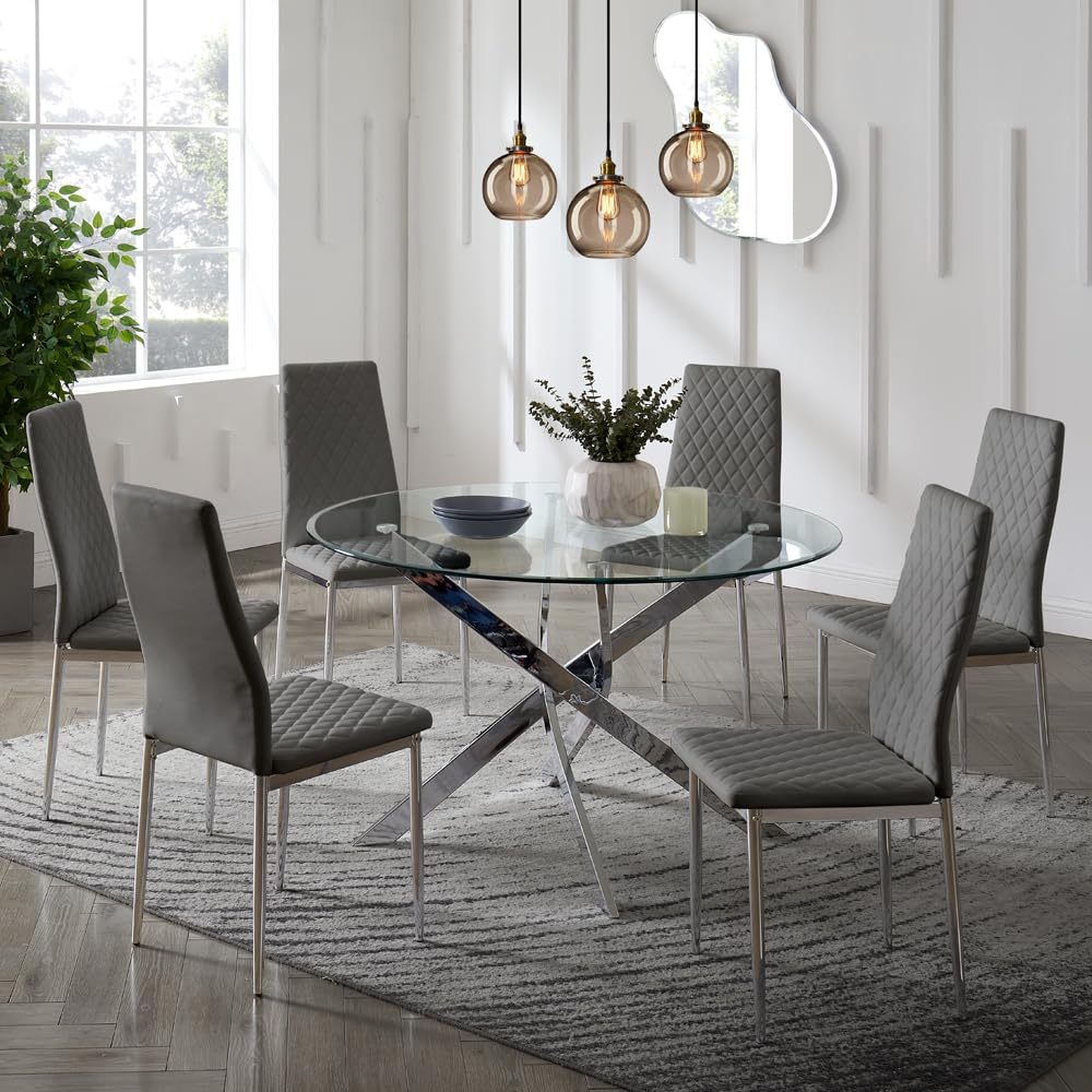 Home Detail Sierra Set of 6 Dining Chairs, Grey Faux Leather, Silver Legs