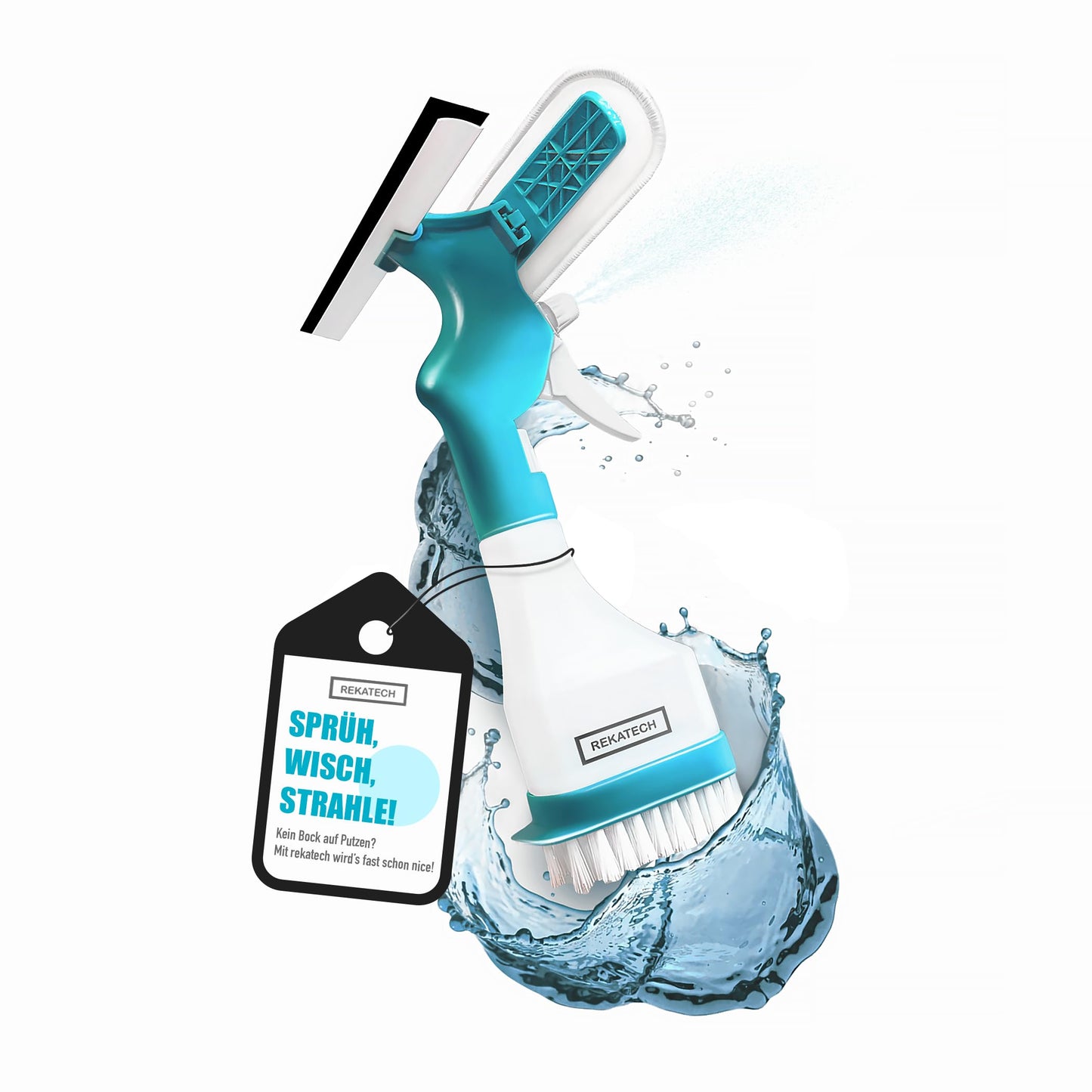 rekatech Window Squeegee & Spray Mop 4 in 1, 250 ml Spray Bottle, Scratch-Free Microfibre Mop, Window Cleaner, Cleaning Brush - for Windows, Shower,