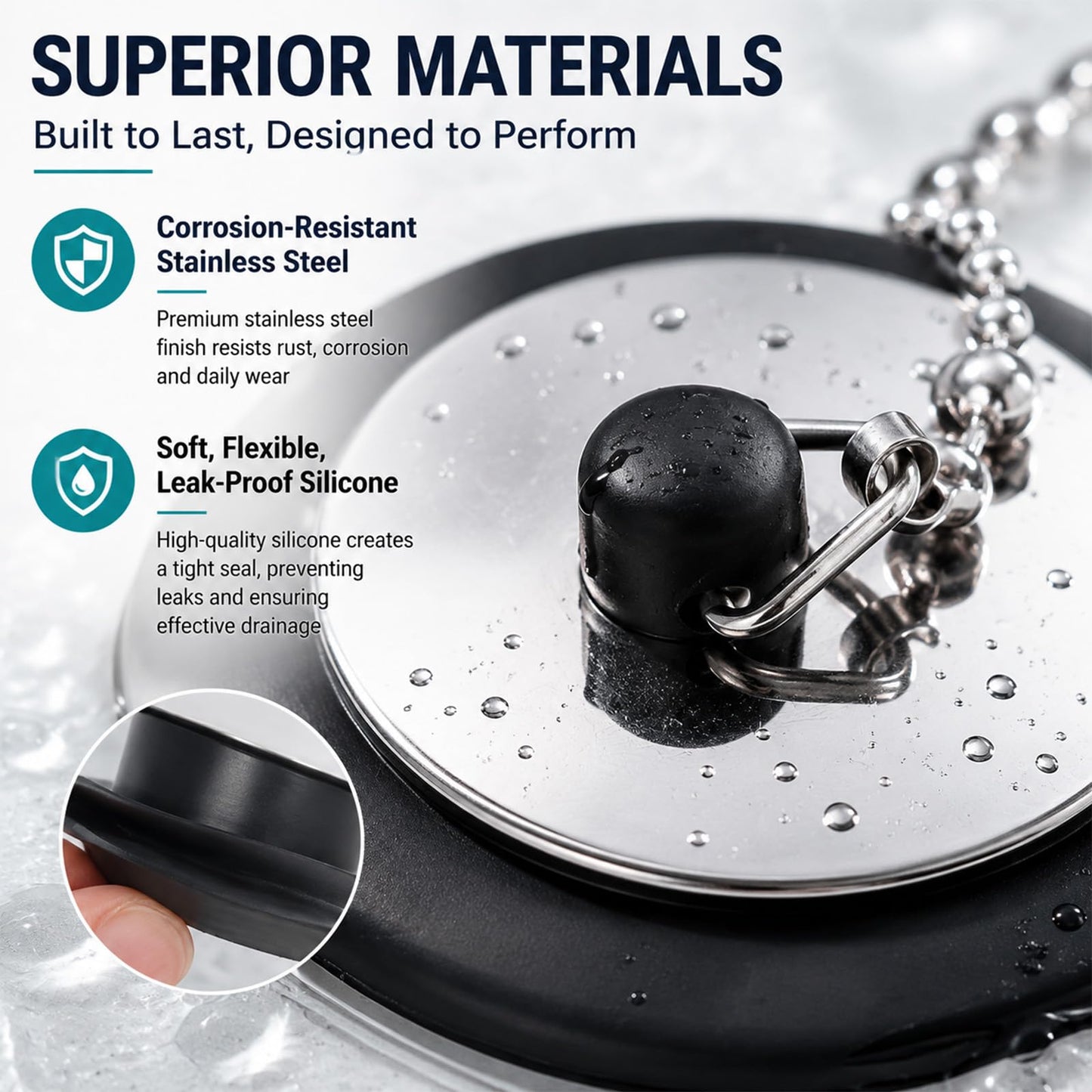 2 Pcs Bath Plug with Stainless Steel Chain for Bathroom & Kitchen