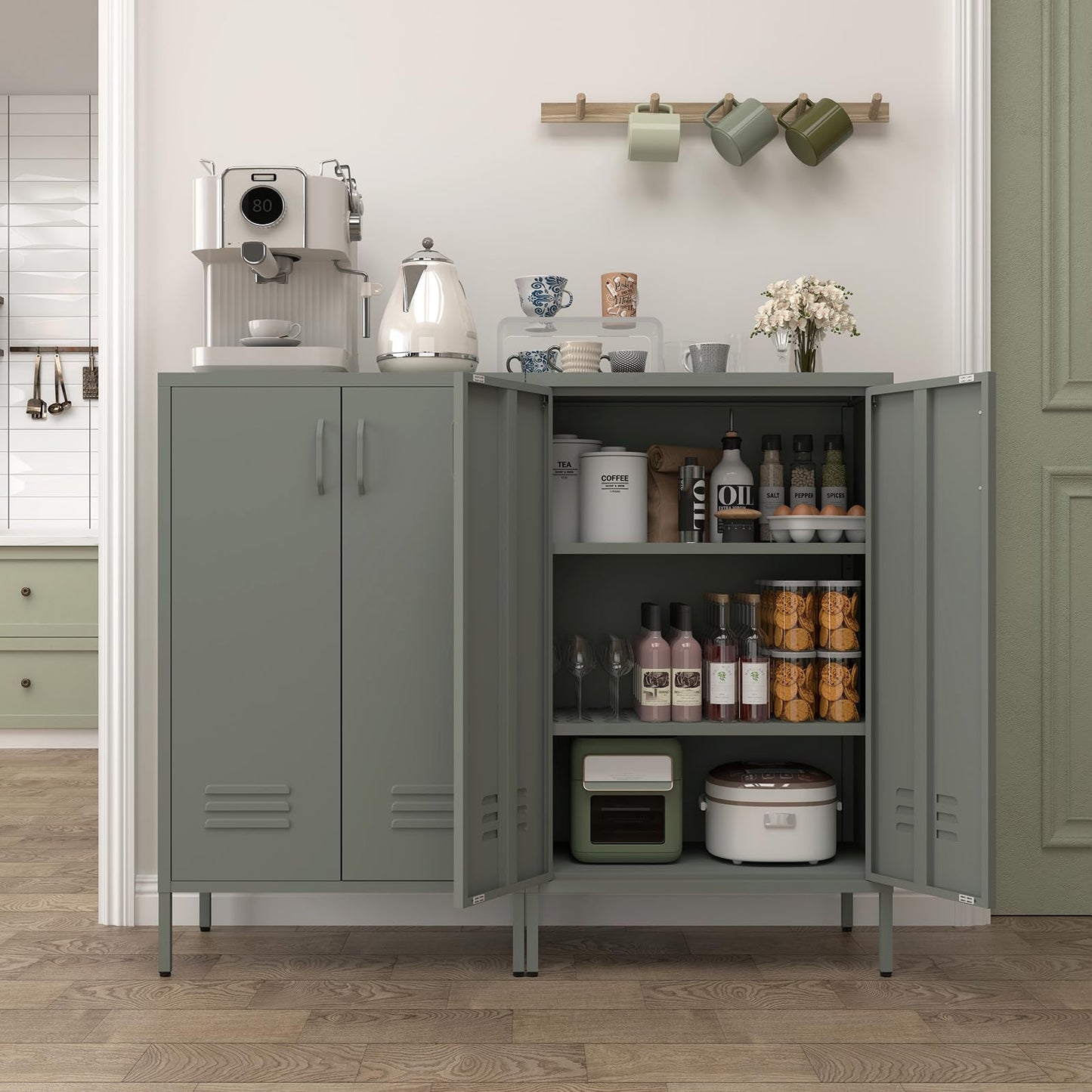 GREATMEET Metal Locker Storage Cabinet, Accent Storage Cabinet, Metal Pantry Cabinet with Doors,Locker Cabinet for Living Room,Kitchen,Office,Grey