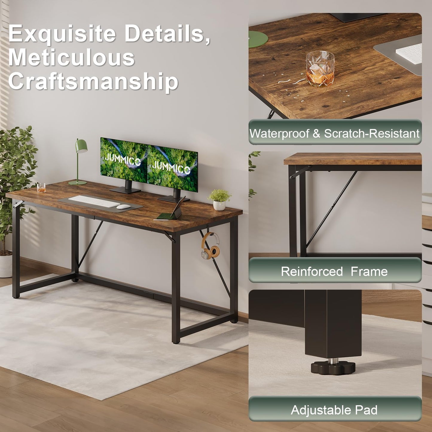JUMMICO Computer Desk Table Workstation 140 x 50 x 75 cm for Office Living Room Bedroom Simple Assembly Industrial Design Black Desk Metal