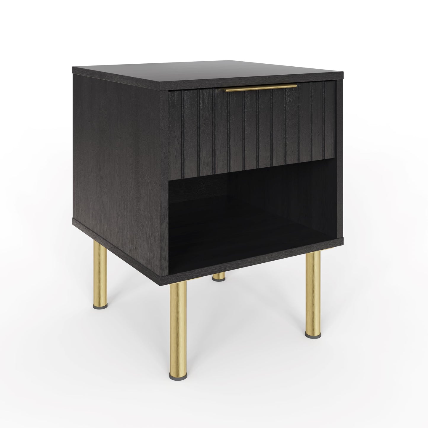 GFW Nervata Lamp Table, Black Side Table with Drawer Storage, Art Deco Style End Table with Gold Accents and Wood Grain Texture for Living Room and
