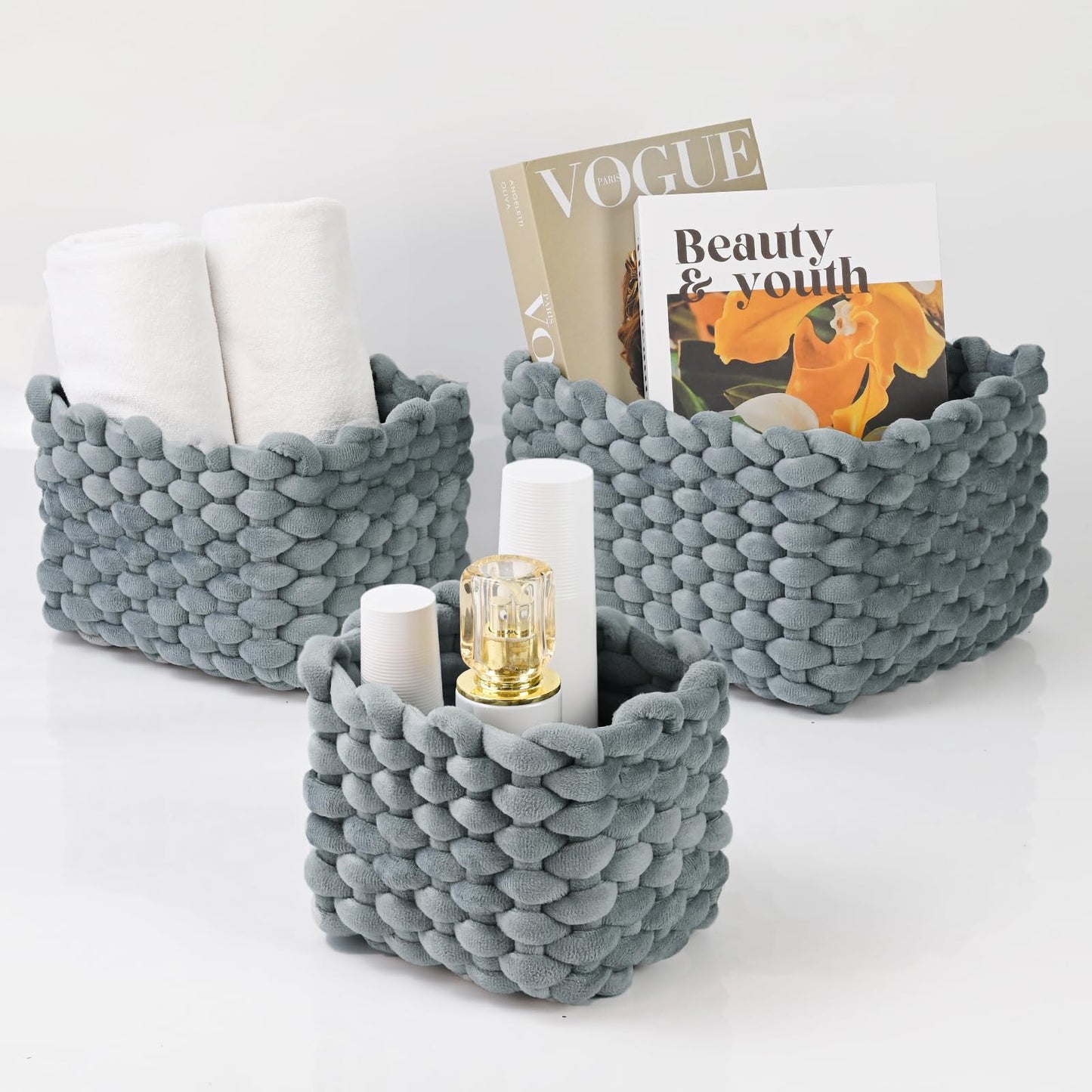 hand-knitted velvet rope storage basket set of 3 - soft cotton rope desktop cosmetics organizer box - nesting multi-functional storage basket