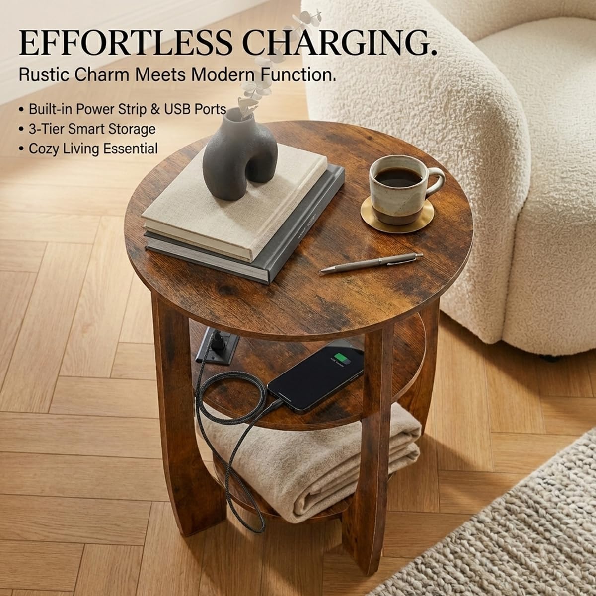 ZEXVIDA Round Side Table with Charging Station, 3 Tier End Table with USB Ports & Outlets, Nightstand for Bedroom,Living Room,Small Spaces