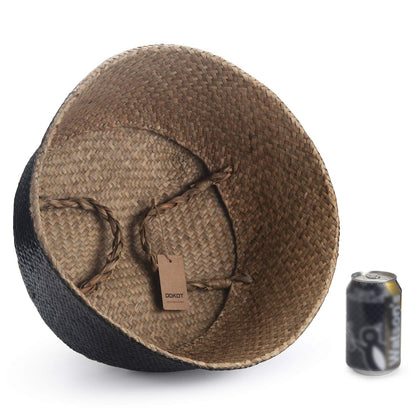 Seagrass Belly Basket Natural Woven Plant Pot Foldable with Handles for Storage Laundry Blankets Toys Natural + Black