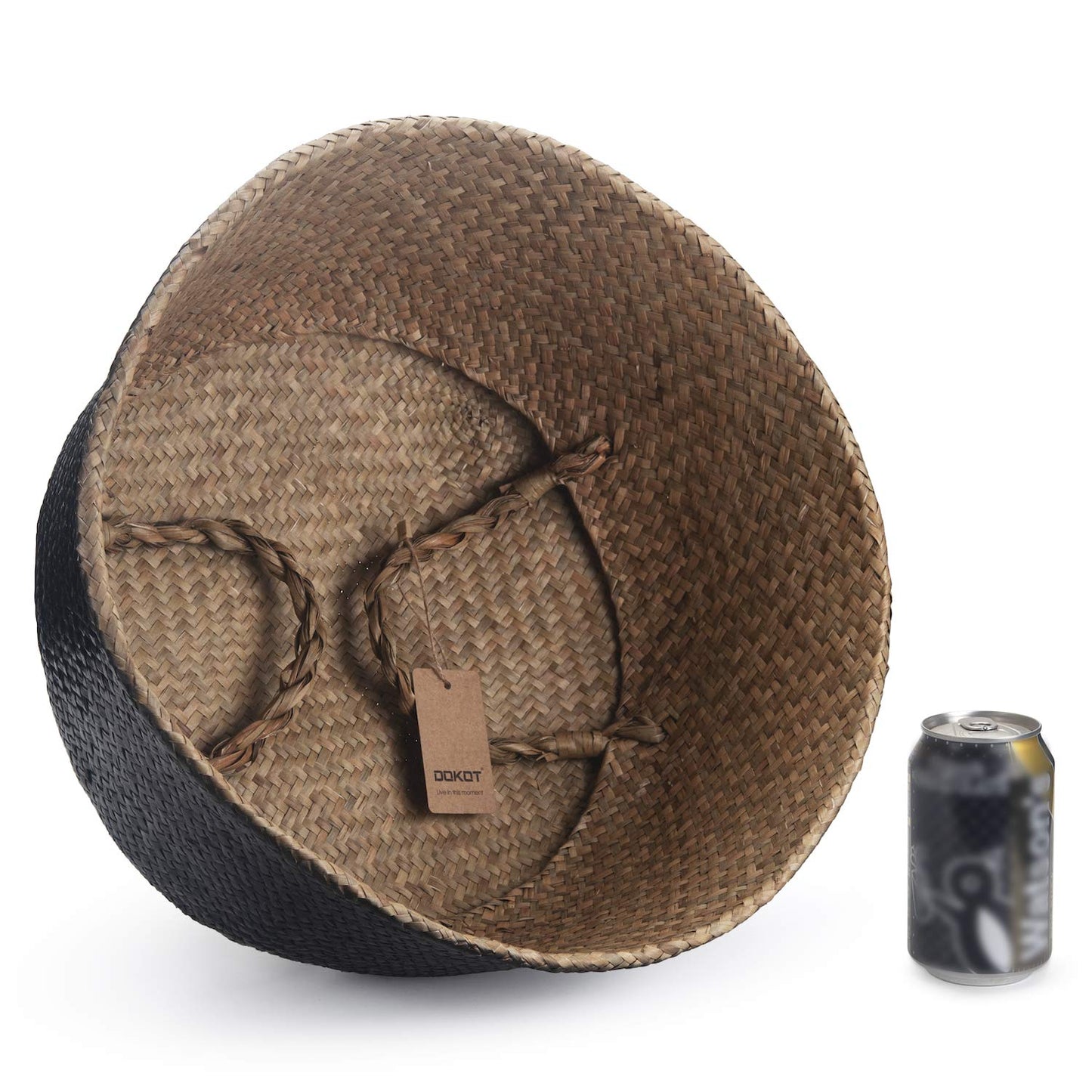 Seagrass Belly Basket Natural Woven Plant Pot Foldable with Handles for Storage Laundry Blankets Toys (Natural + Black)
