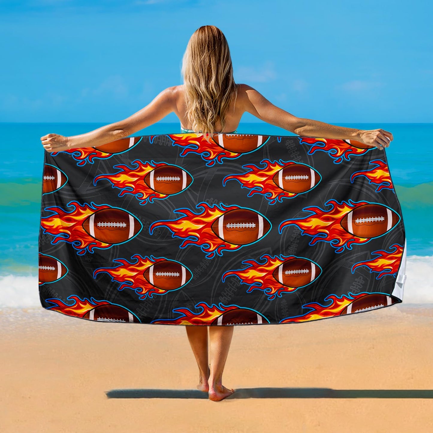 Violetpos Flaming American Football Beach Towel, Extra Large 180x90 cm 250GSM Microfibre, Sand Free Quick Dry