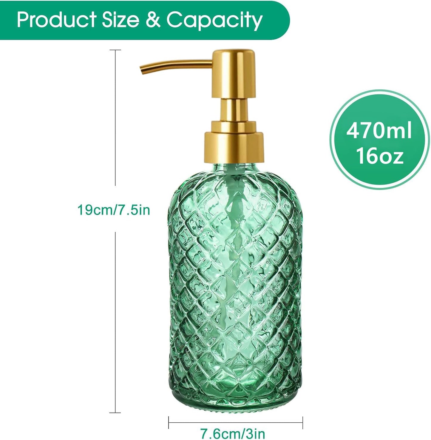Bingobang Glass Soap Dispenser with Hand Gold Pump 470ml, Green