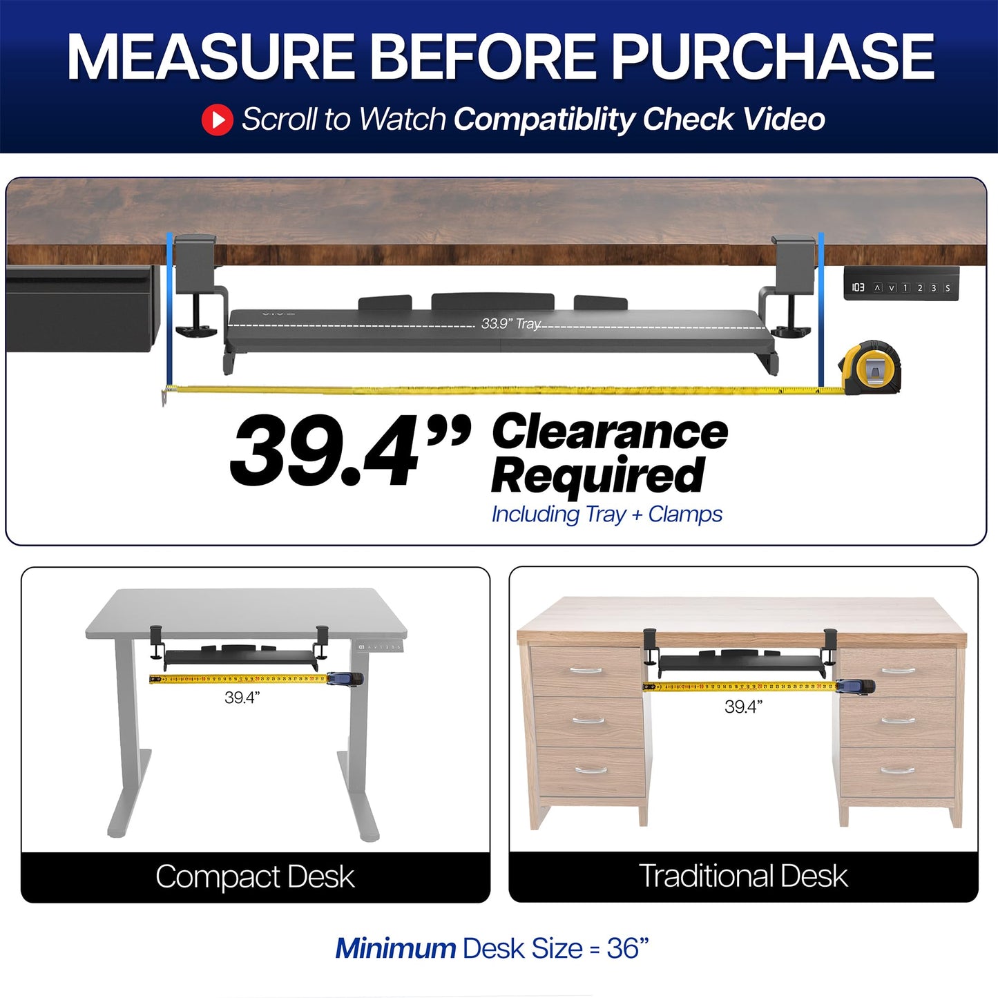 VIVO Extra Long Clamp-on Computer Keyboard and Mouse Under Desk Slider Tray, 86cm x 28cm Pull Out Platform Drawer, Rustic Vintage Brown, MOUNT-KB15EN