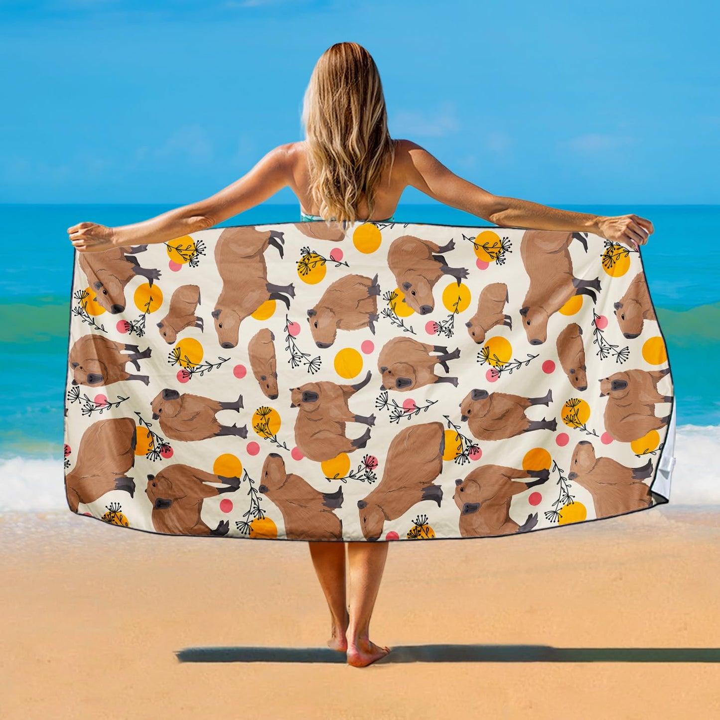 Violetpos Capybara Print Beach Towel, Extra Large 180x90 cm 250GSM Microfibre, Sand Free Quick Dry