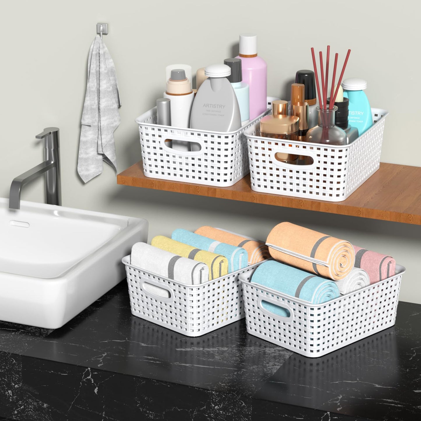 Callyne Set of 6 Plastic Storage Baskets, Organizer Basket, White