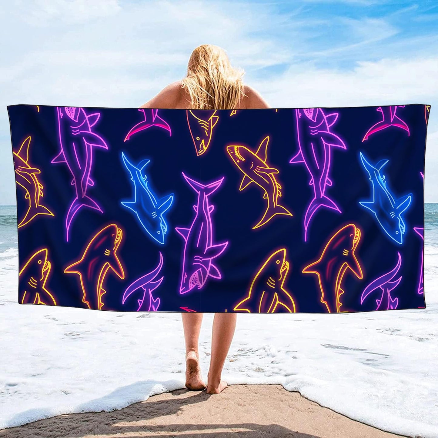YISUMEI Sharks Illustration Beach Towels for Adults Extra Large 180 x 90 cm, Microfibre Quick Dry Towel for Travel Swimming Camping Sports
