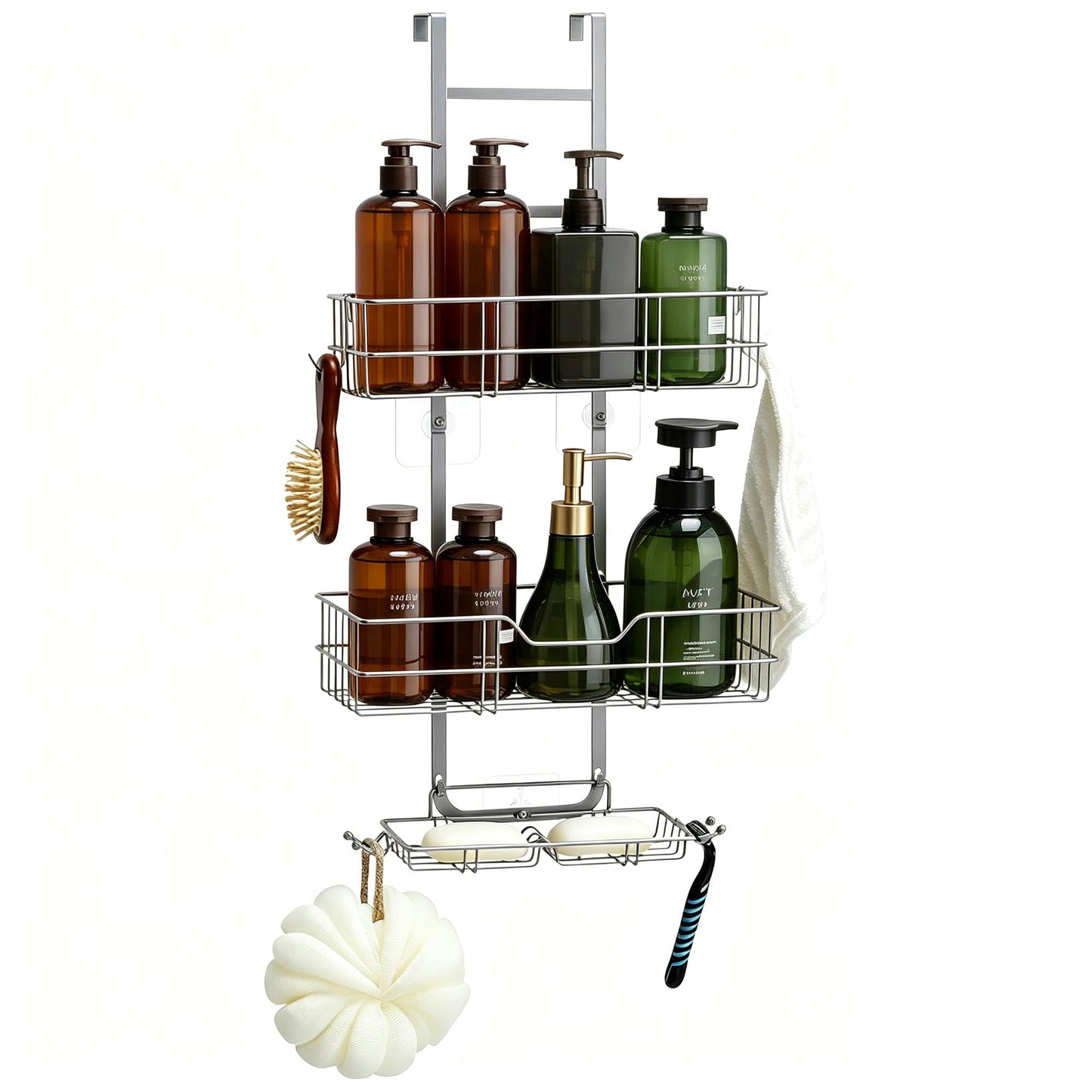 KANEODOT Shower Caddy Hanging, Over The Door Shower Storage, 2 Tier No Drilling Shower Shelf with Soap Holder for Bathroom Kitchen Silver Grey