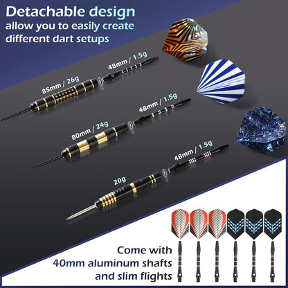LANNEY Darts Metal Tip, Steel Tip Darts Set 20 Grams, 24 Grams and 26 Grams Professional Darts for Dartboard with Aluminum Shafts, Brass Barrels,