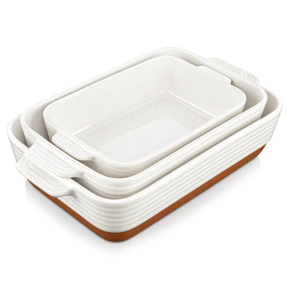 MALACASA Casserole Dishes for Oven, Ceramic Baking Dishes Set of 3, 1.45/2.7/3.8L Rectangular Baking Pan Set, Deep Lasagna Pan with Handles, Khaki