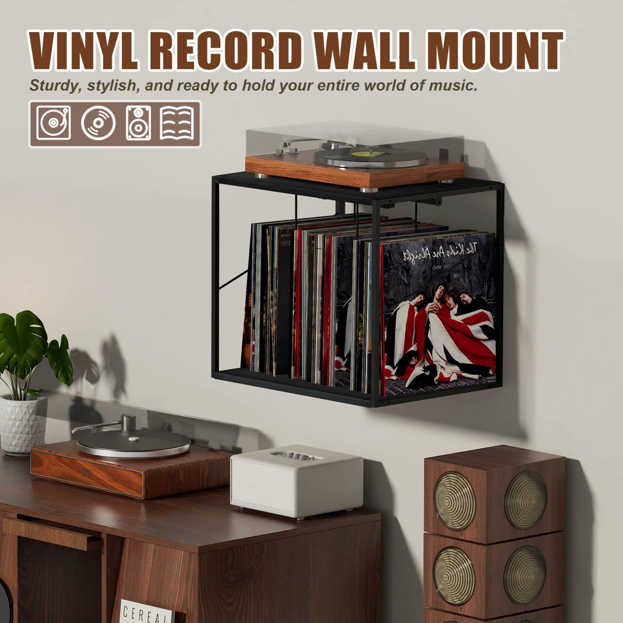 Alytree Vinyl Record Storage Holder for 80-100LPs, Vinyl Record Stand Wall Mount with Movable Divider