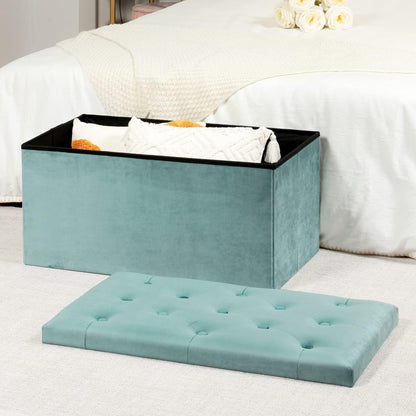 Bonlife Folding Velvet Ottoman Storage Bench,Footrest Stool Seat,Toy Chest Storage Box with Lid,Footstool for Living Room,Green,80x40x40cm