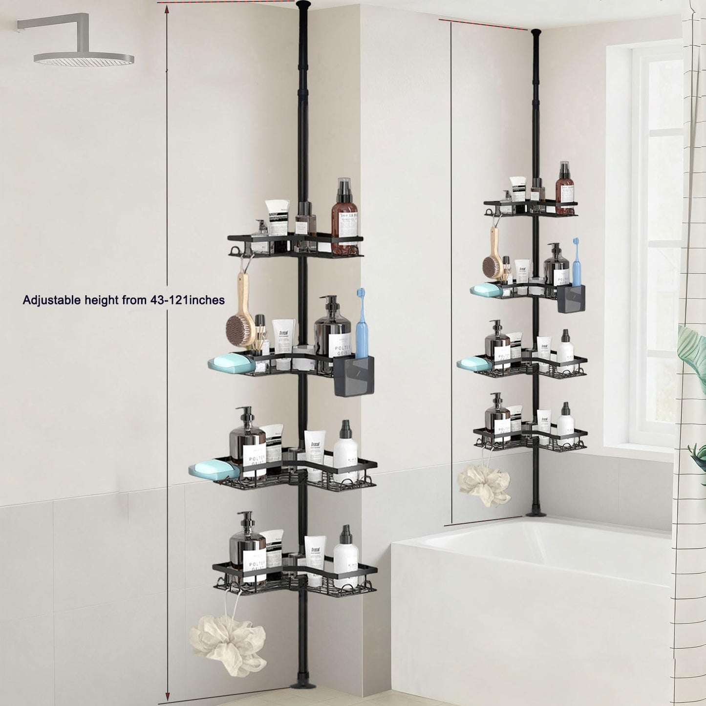 YEVVAIOC Corner Shower Caddy Tension Pole,43 to 121 Inch Adjustable Bathroom Organizer Shelves Rustproof with 4-Tier, for Small Bathrooms