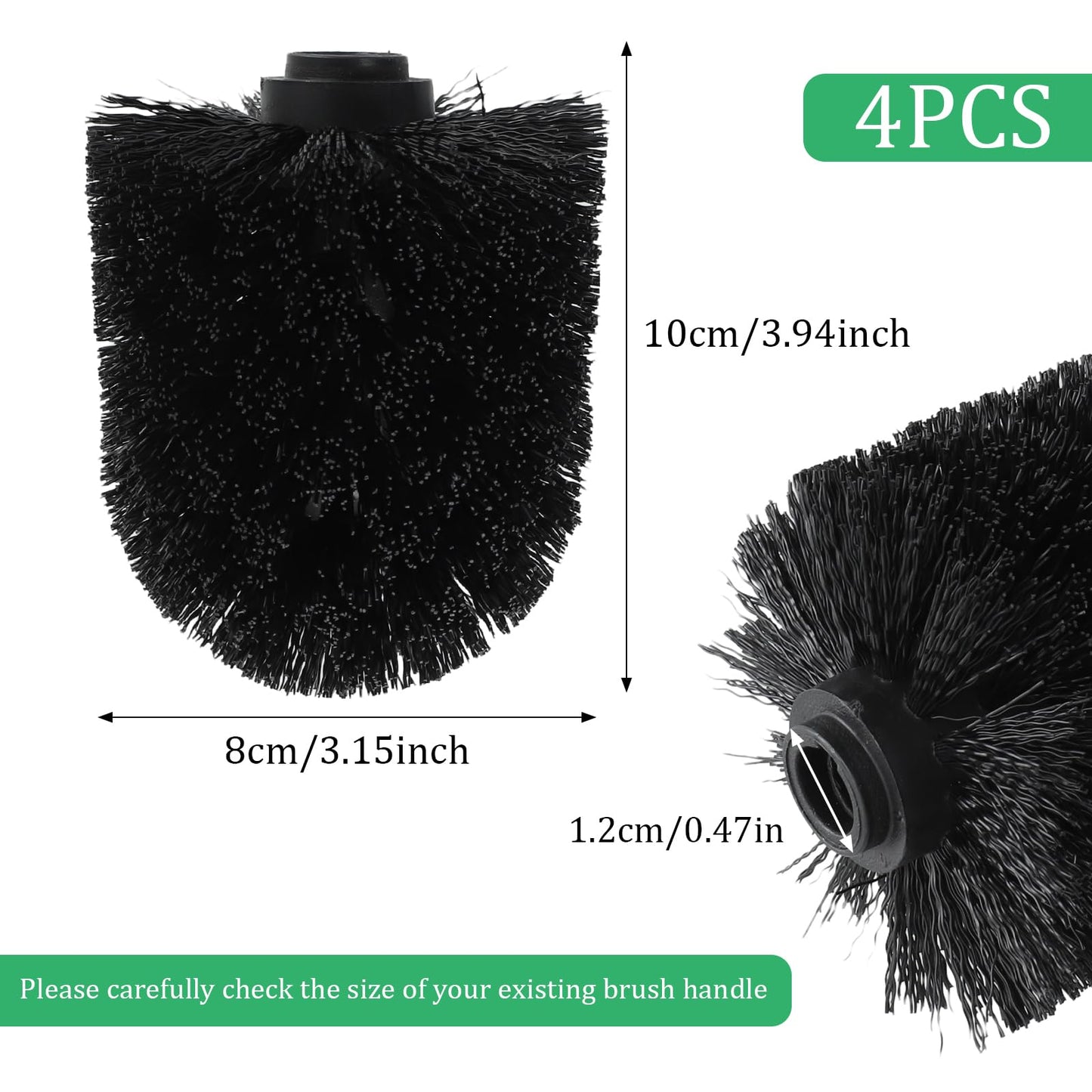 4pcs Toilet Brush Replacement Heads – Black Antibacterial, Durable PP Plastic, 12mm Screw-On Design for Easy Installation