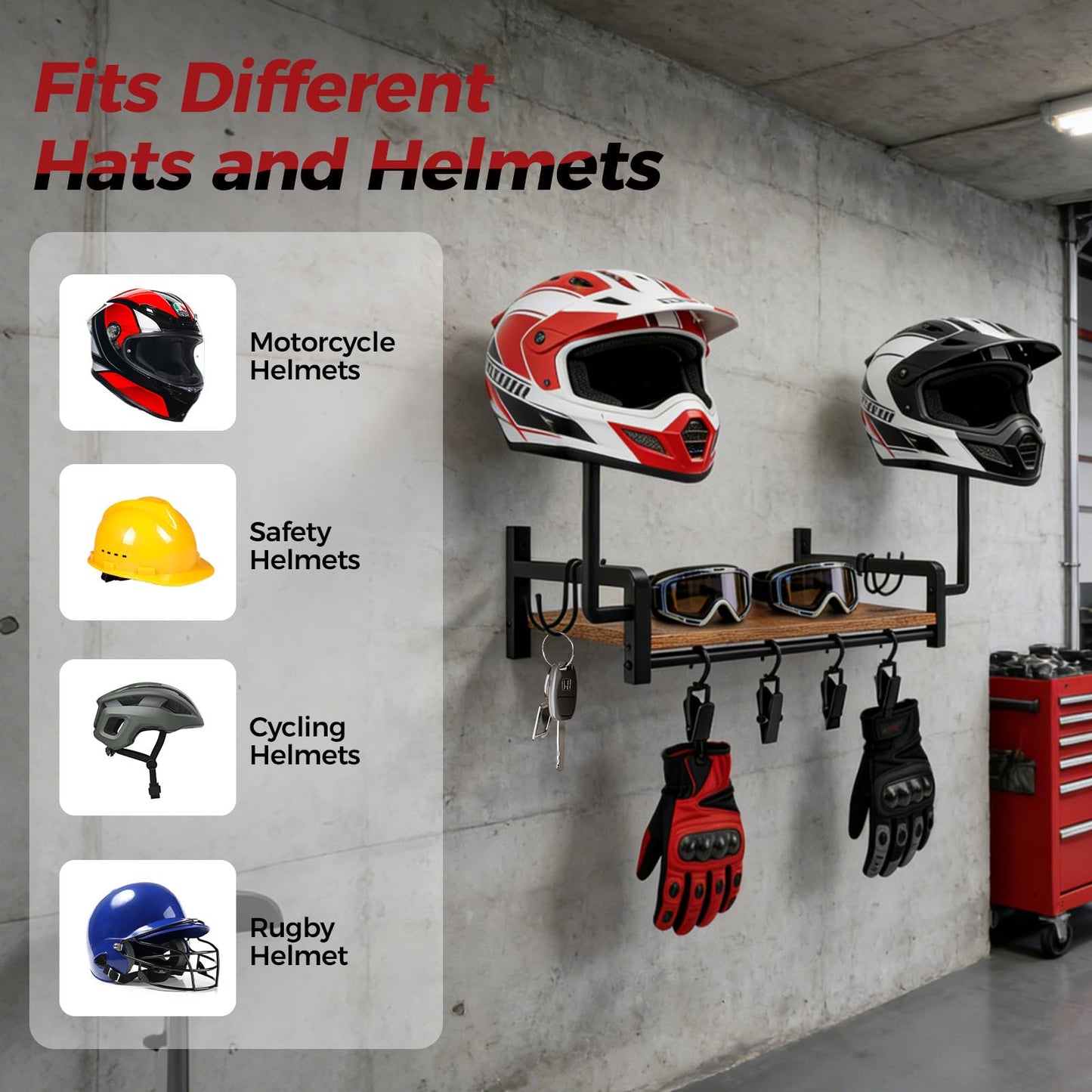 Helmet Holder Wall Mount for 2 Motorcycles, Heavy Duty Motorbike Stand
