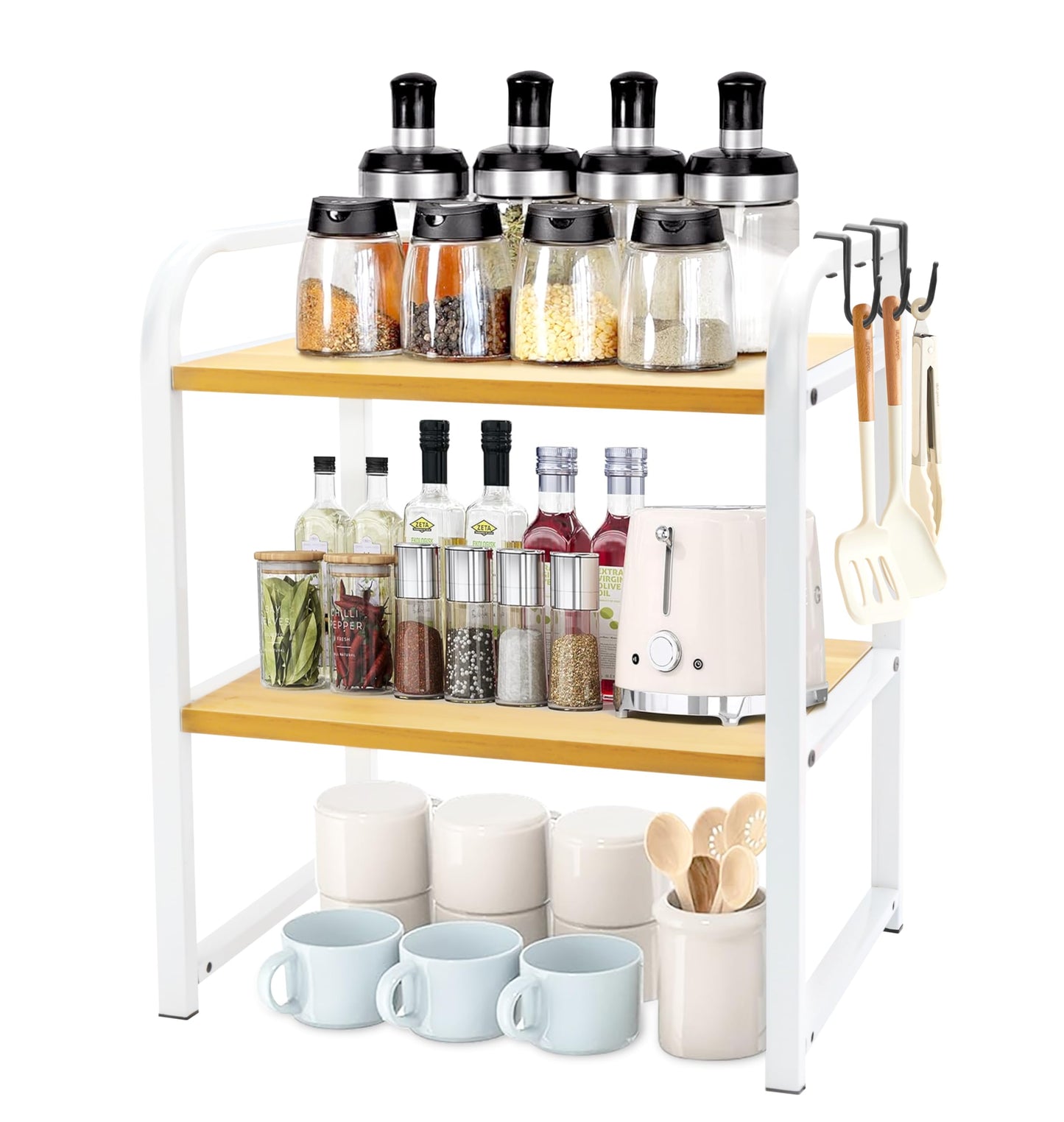 LEDSUUEI Storage Rack with Hooks, Desktop Storage Rack, Bamboo Frame, for Kitchens, Dining Rooms, Offices, Rustic Brown and white 001