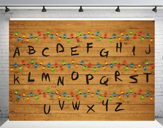 Stranger Series Theme Photography Backdrop Alphabet Wood Colourful Light String Birthday Party Decorations Banner Supplies (7x5FT)