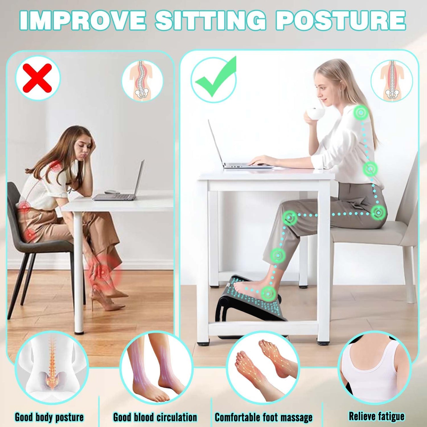 Hmfmdy Foot Rest Under Desk, Office Foot Rest with Massage Texture and Roller, Adjustable Height Ergonomic Foot Stool Under Desk for Office and Home