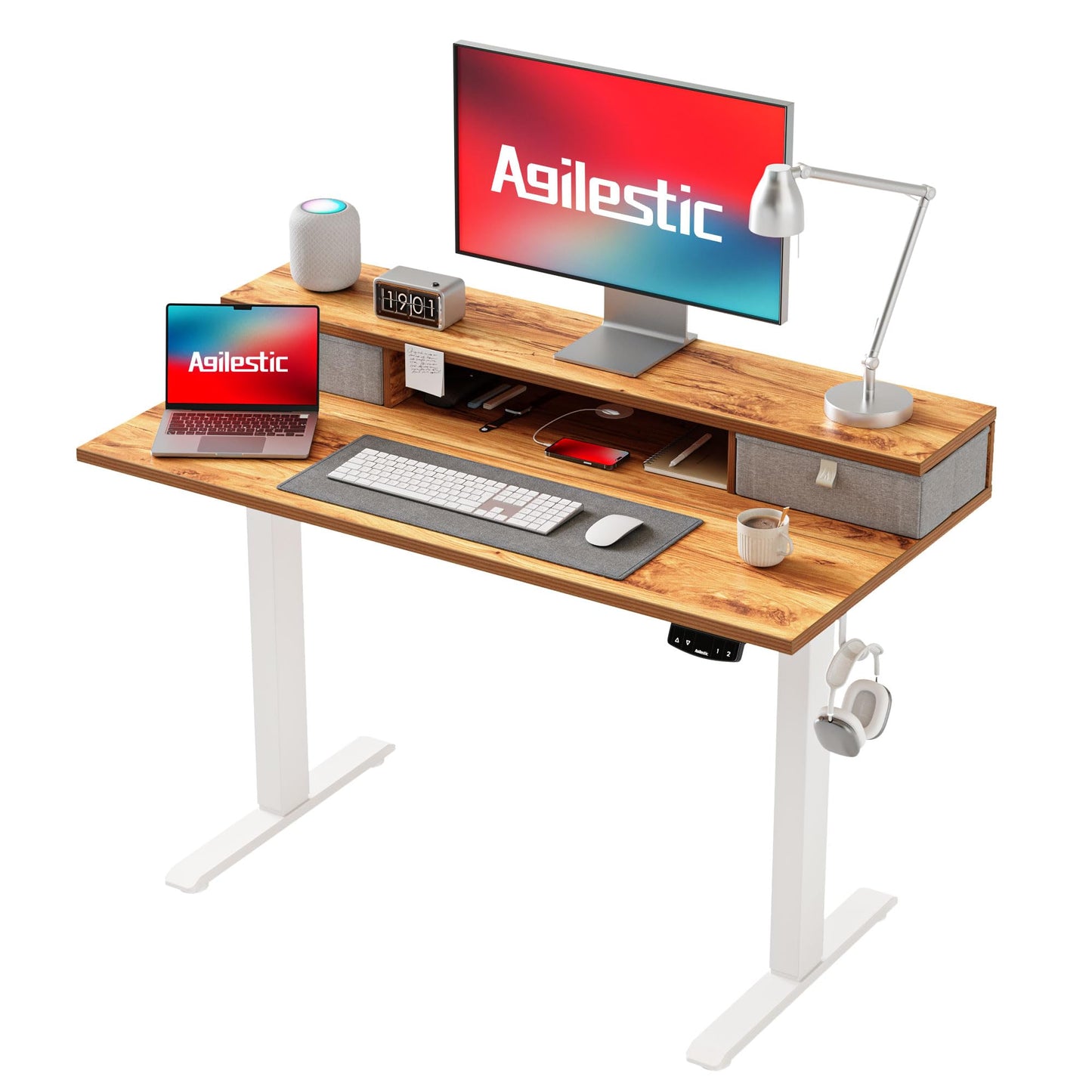 Agilestic Electric Adjustable Height Desk, with 2 Fabric Drawers, 100x60cm