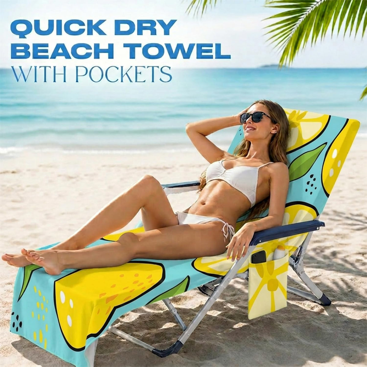 Surwin Sun Lounger Towel with Pockets, 3D Juice Print Quick Dry Beach Towel, Microfiber Sunbed Towels Travel Lounger Bag for Loungers Summer Holiday