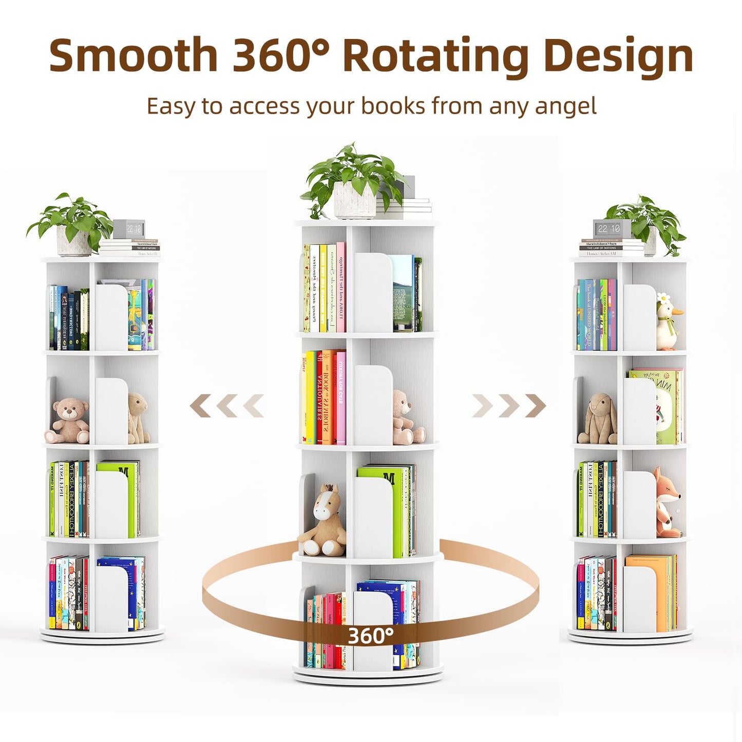 WEMANER 4-tier Rotating Kids Bookshelf, Wooden 360° Small Corner Revolving Spinning Bookcase