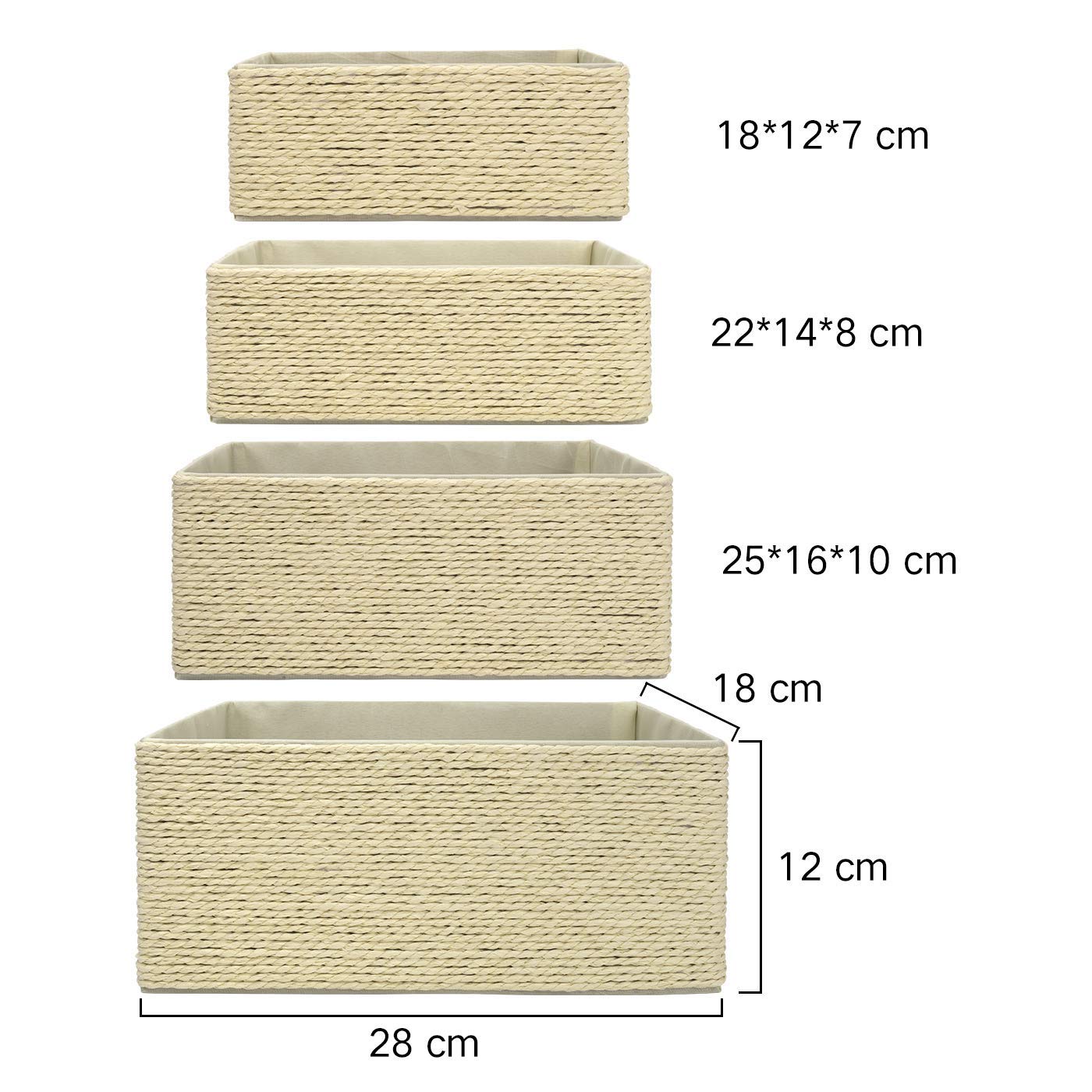 LA JOLIE MUSE Paper Rope Woven Storage Basket Set of 4 with Fabric Liner, Stackable Multipurpose Organizer Bin,Beige