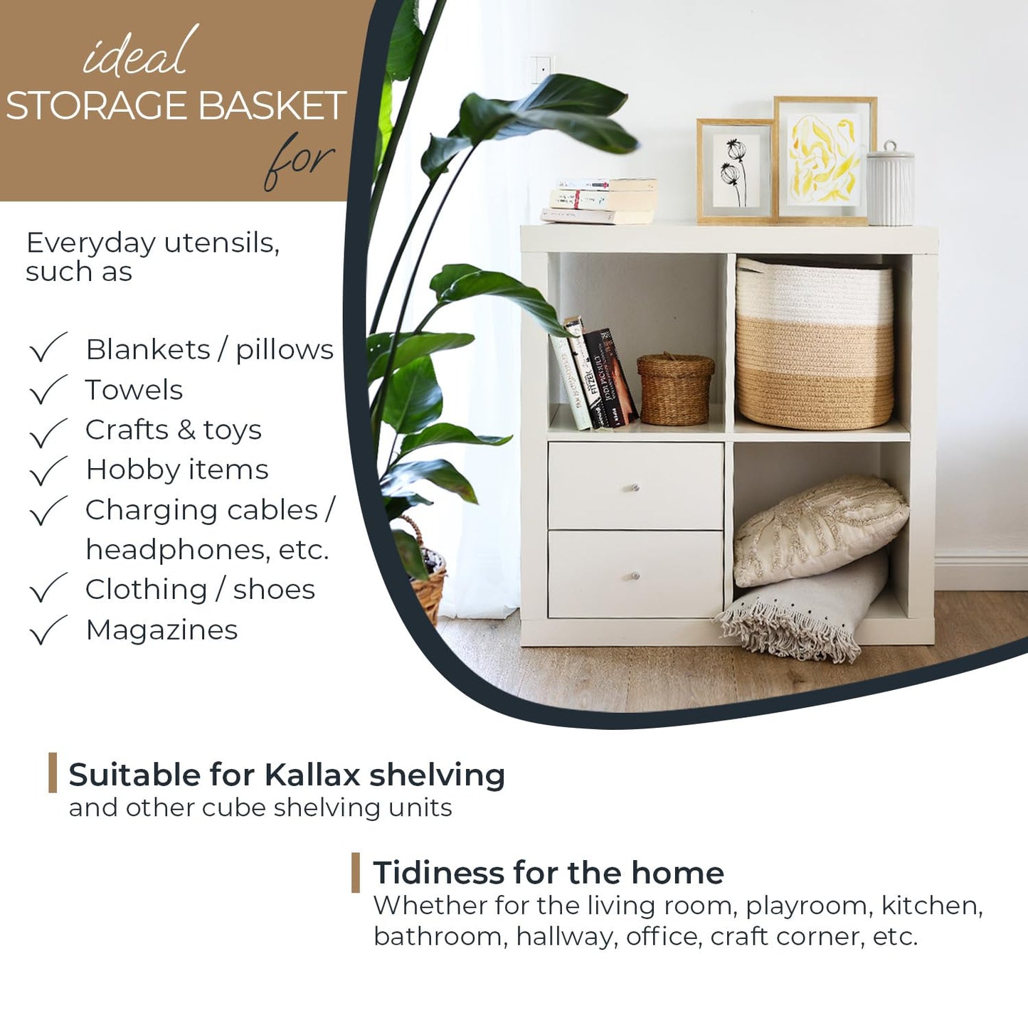 HMF Storage Basket with Hidden Handles, Round Basket Fits Kallax | 31 x 31 cm | White/Brown
