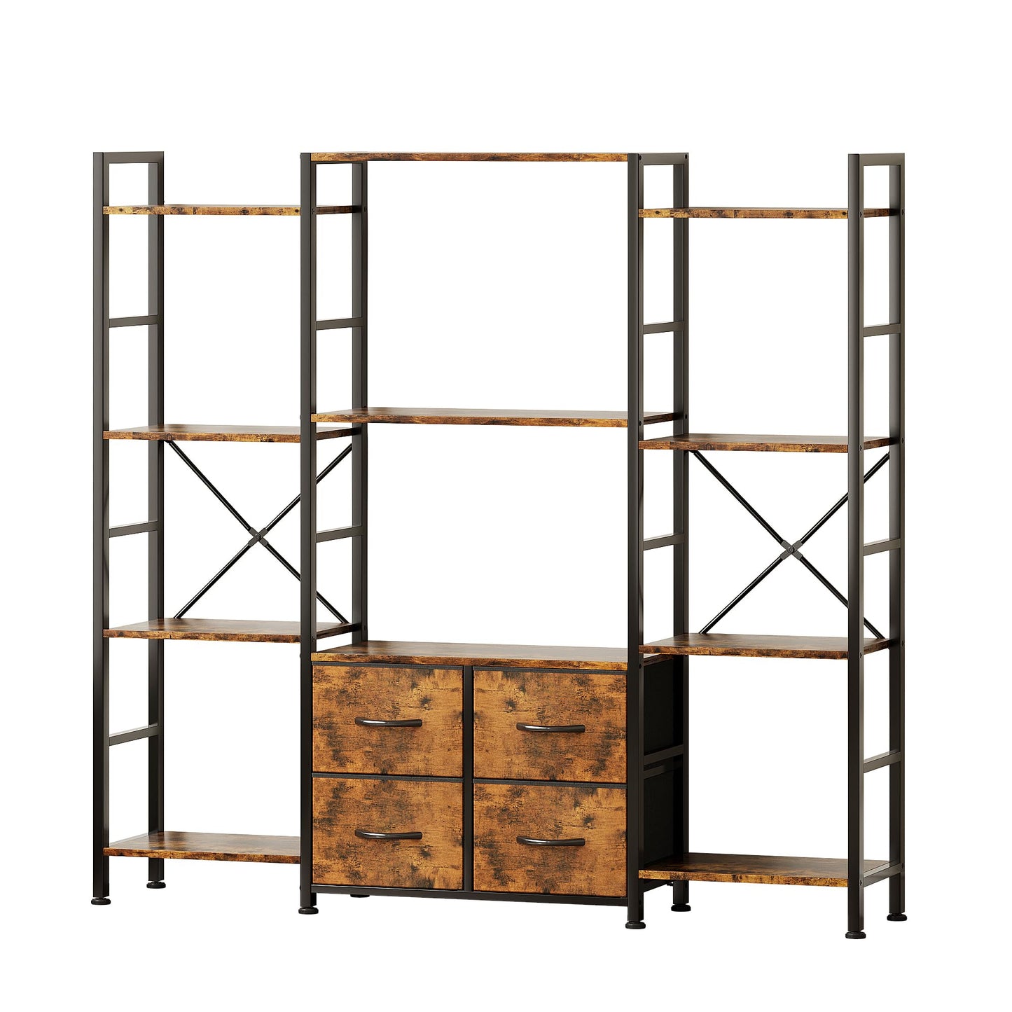 VERMESS 142W x142H cmTriple Book Shelf, 4 Tier Industrial Bookshelf for Home & Office, Large Shelving Unit with 4 Adjustable Fabric Drawers