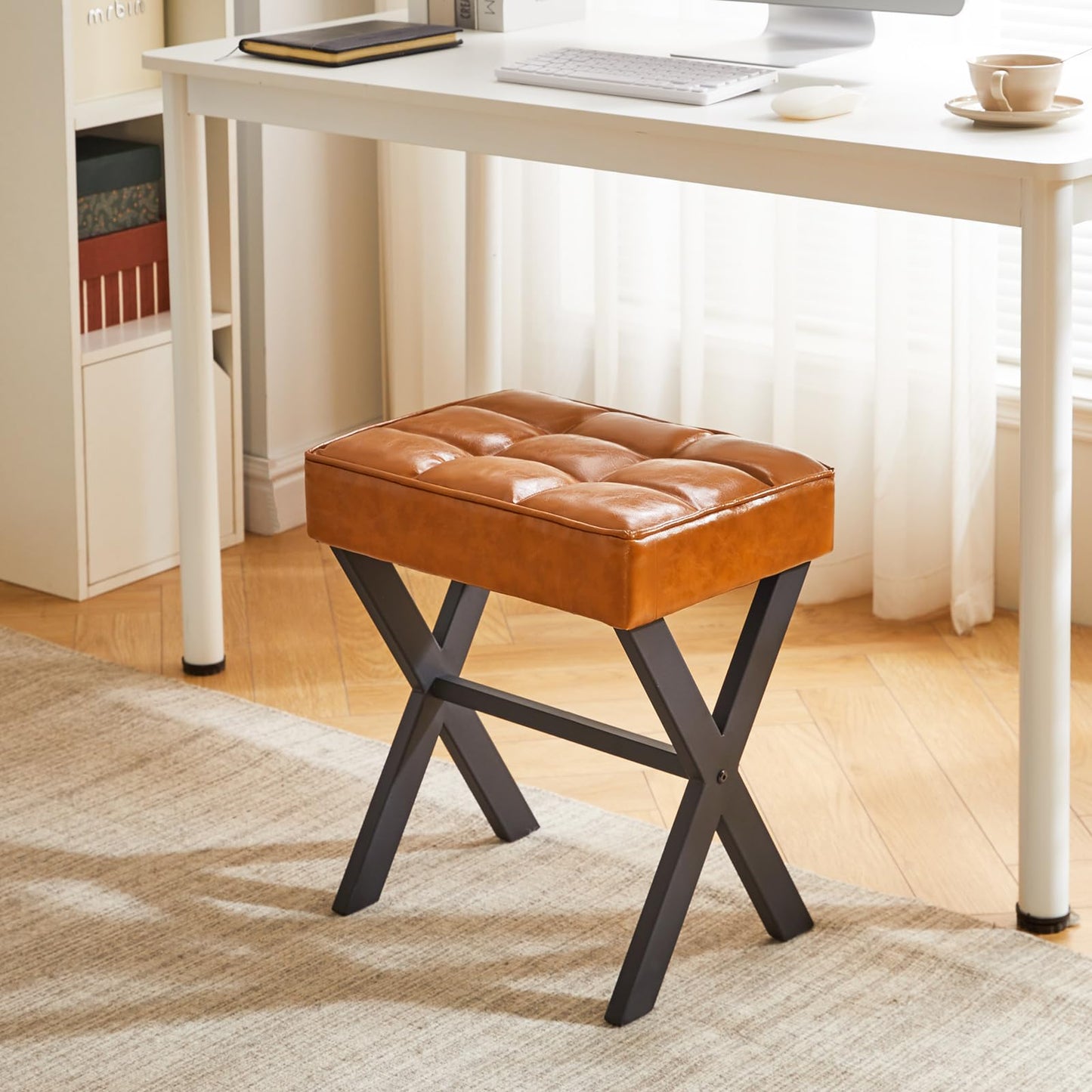 IBUYKE Square Makeup Stool with X-Leg, PU Vanity Chair, Light Brown L/G-71J