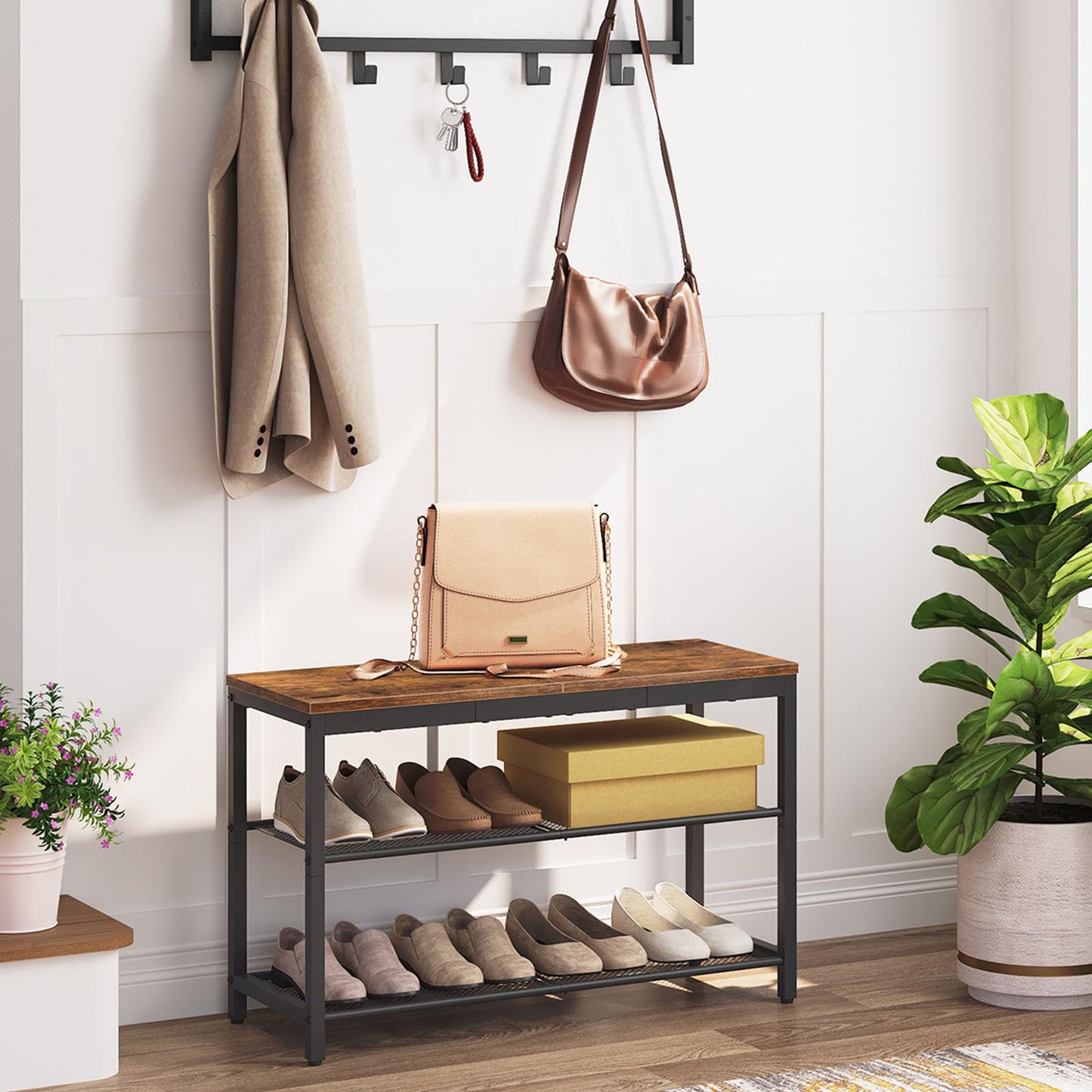 HOOBRO Shoe Rack, 3-Tier Shoe Bench with 2 Mesh Shelves, Shoe Storage Bench with Seat, for Entryway, Hallway, Living Room, Small Space, Easy Assembly