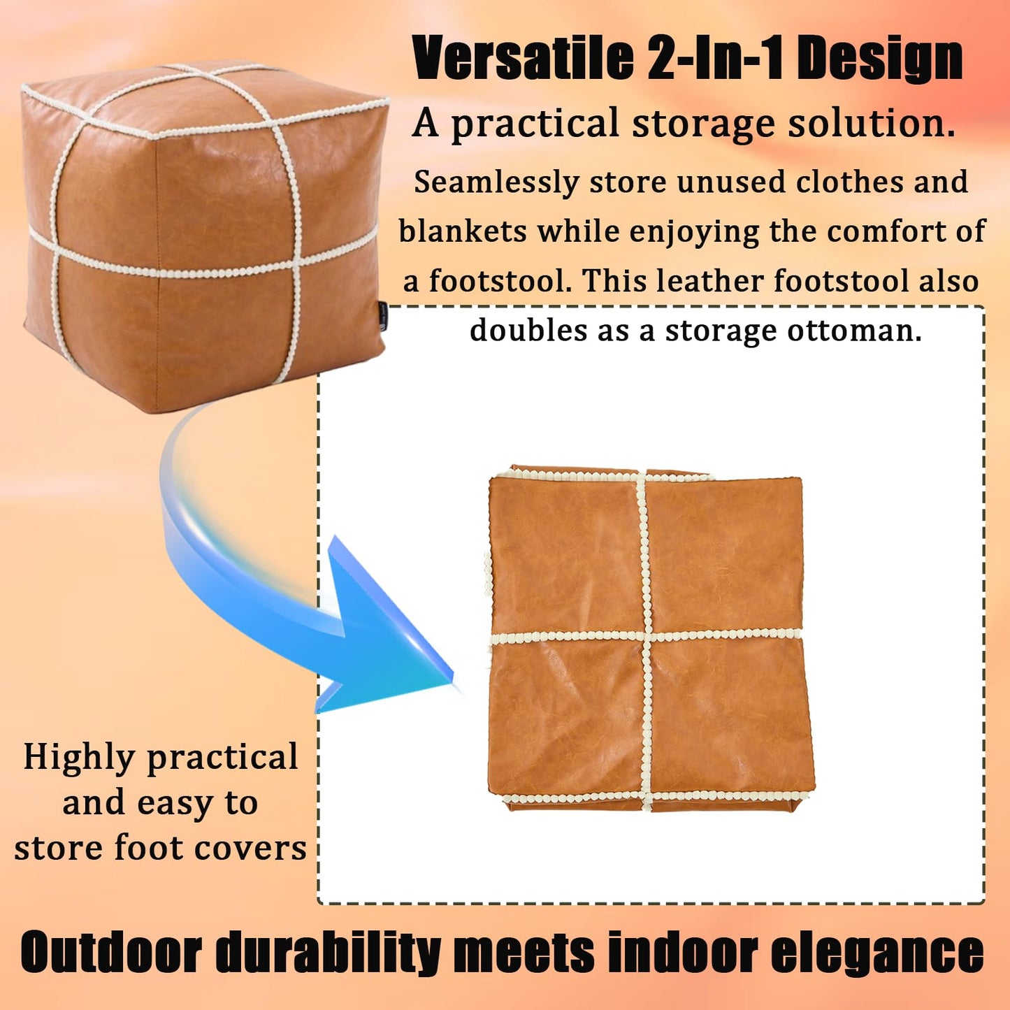 Louis Donne Unstuffed Square Leather Pouf, Supersoft Handmade Ottoman Faux Moroccan Decor, Storage Solution, Footstool, Foot Rest