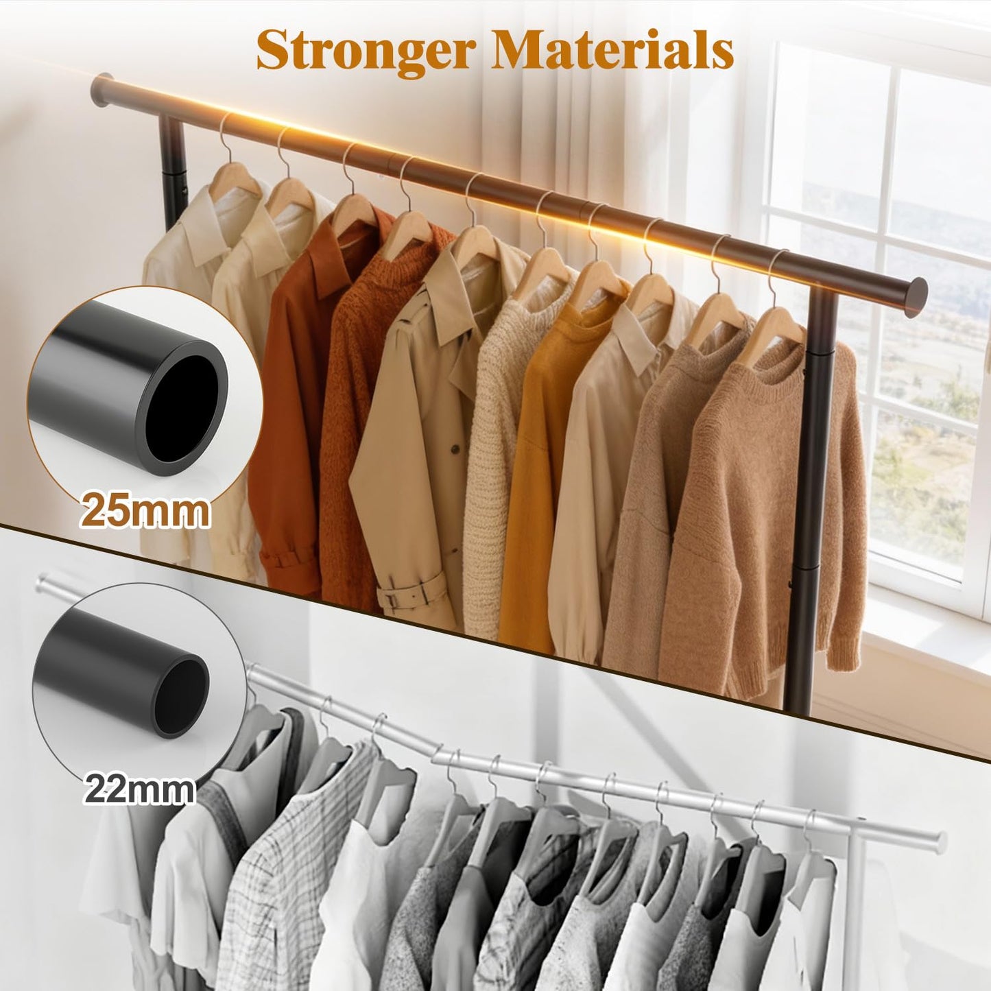 EAGMAK Metal Clothes Rail with Shelf for Hanging Clothes, Sturdy Freestanding Clothes Hanging Rail for Wardrobe & Bedroom Clothing Storage, Black