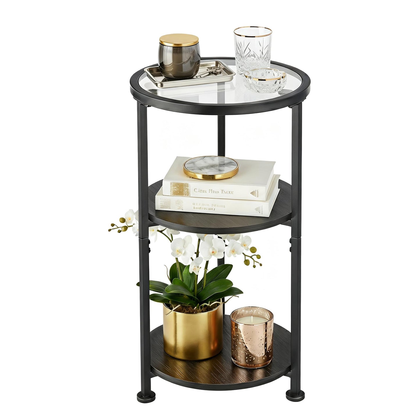 Glass Side Table, 3-Tier Round Side Table with Tempered Glass Top, Black